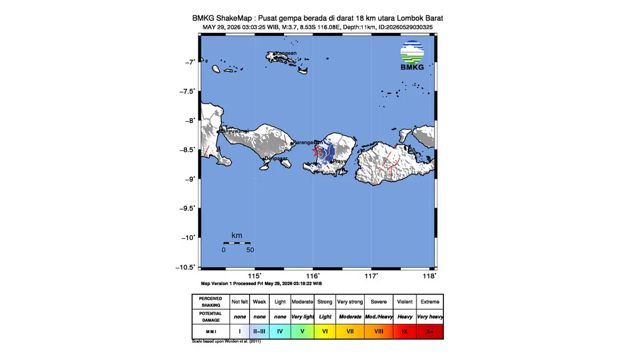 Gempa M 3,7 Guncang Utara Lombok Barat, Nusa Tenggara Barat