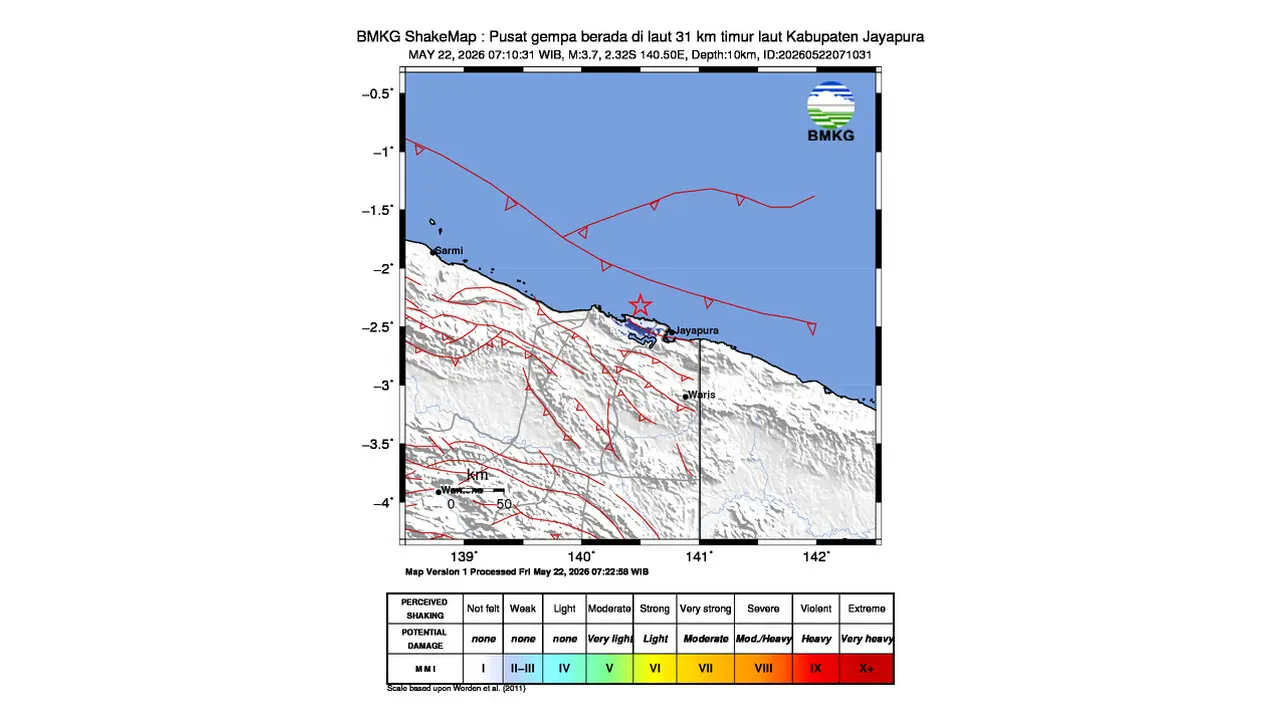 Gempa M 3,7 Guncang timur laut Kabupaten Jayapura, Papua