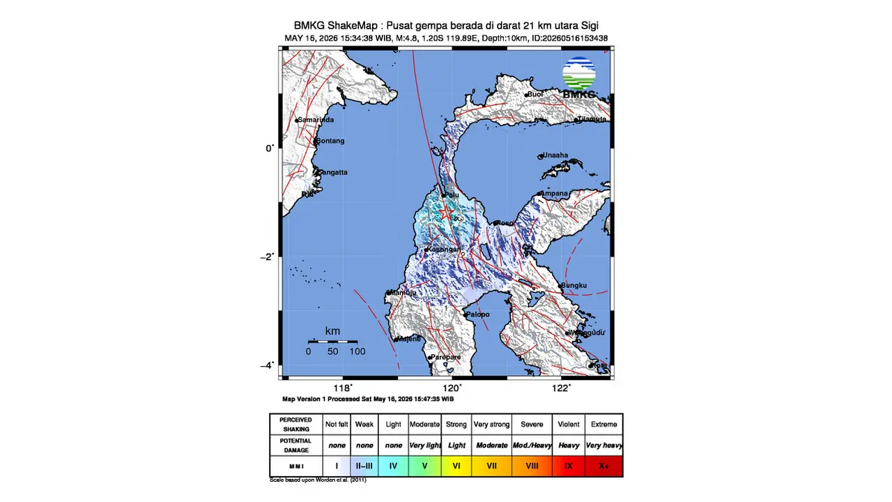 Gempa M 4,8 Guncang Utara Sigi, Sulawesi Tengah