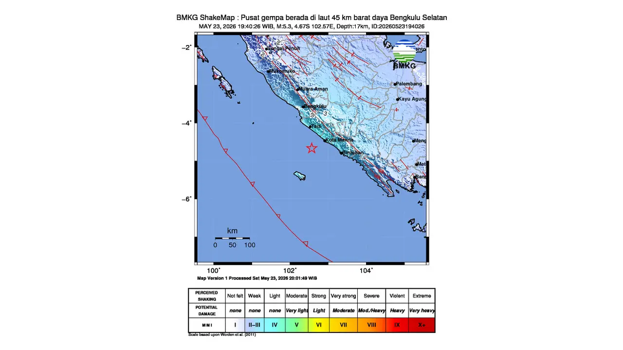 Gempa M 5,3 Guncang Barat Daya Bengkulu Selatan, Bengkulu