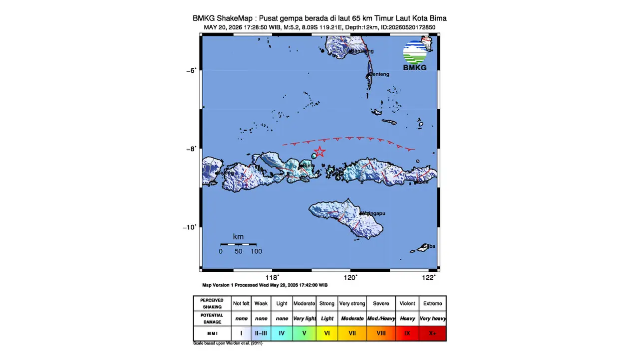 Gempa M 5,2 Guncang Timur Laut Kota Bima, Nusa Tenggara Barat