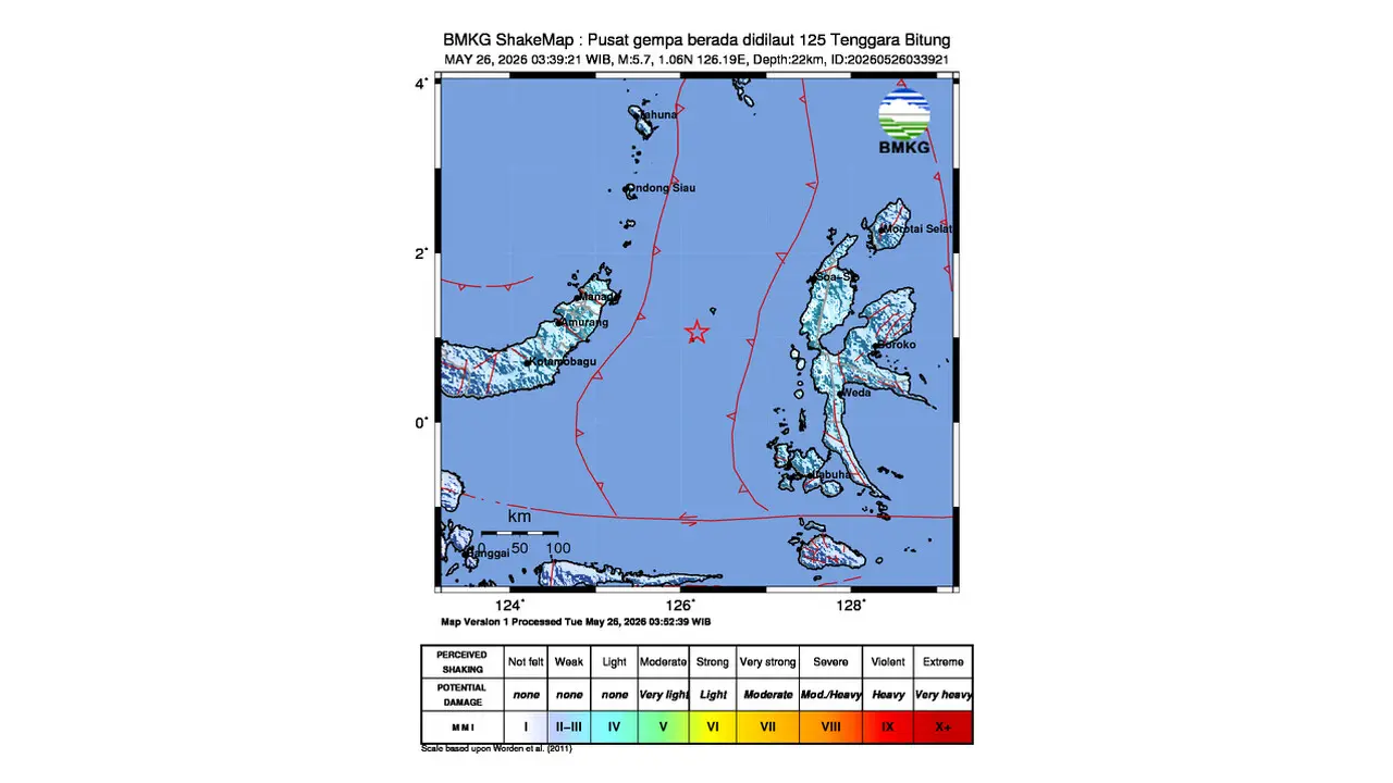 Gempa M 5,7 Guncang Tenggara Bitung, Sulawesi Utara