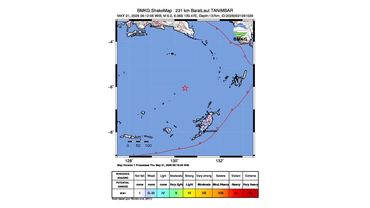 Gempa M 5,0 Guncang Barat Laut Tanimbar, Maluku