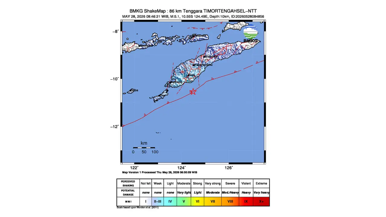 Gempa M 5,1 Guncang Tenggara Timor Tengah Selatan, Nusa Tenggara Timur