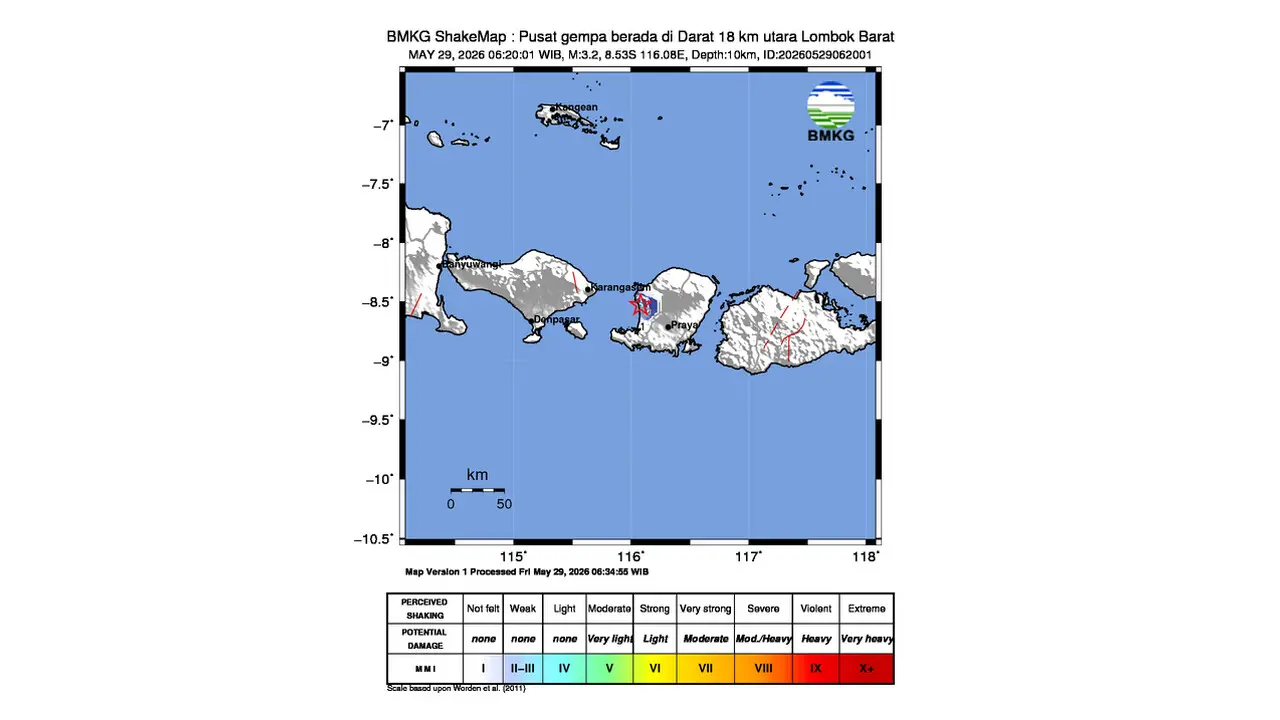 Gempa M 3,2 Guncang Utara Lombok Barat, Nusa Tenggara Barat