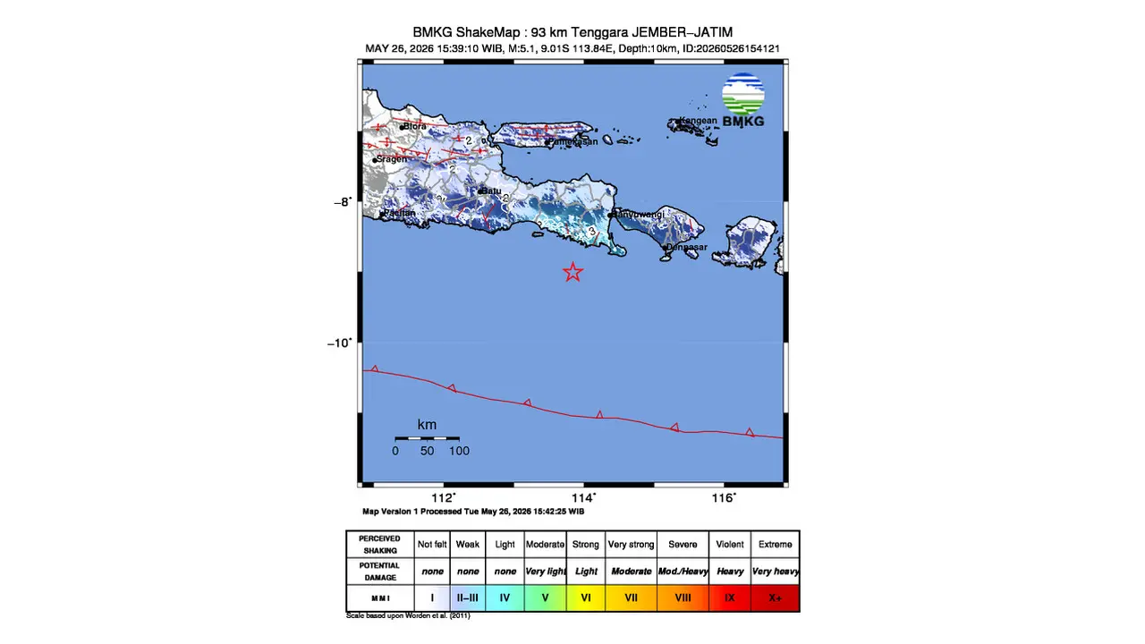 Gempa M 5,1 Guncang Tenggara Jember, Jawa Timur