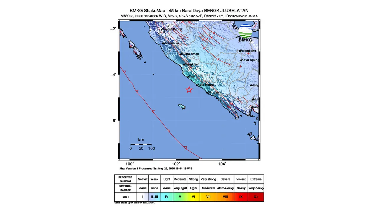 Gempa M 5,3 Guncang Barat Daya Bengkulu Selatan, Bengkulu