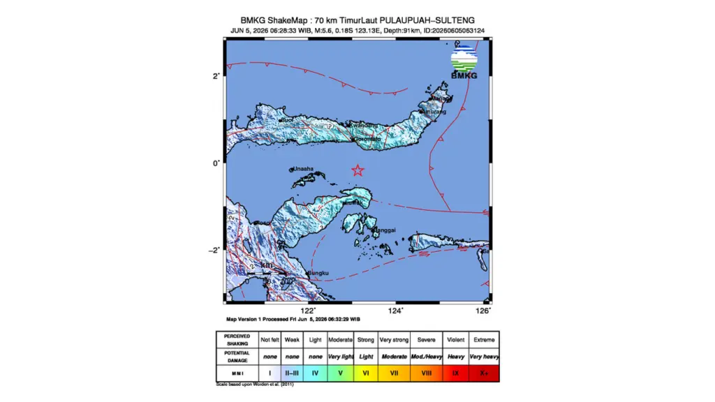 Gempa M 5,6 Guncang Timur Laut Pulau Puah, Sulawesi Tengah