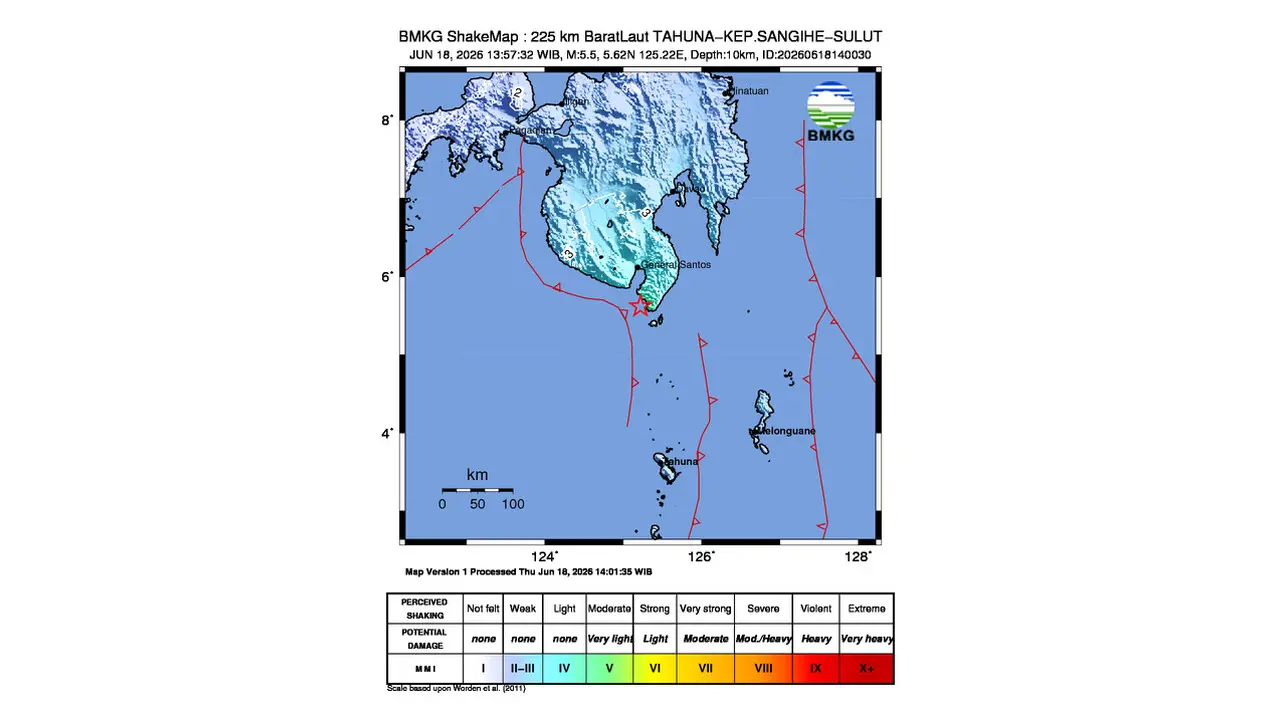 Gempa M 5,5 Guncang Barat Laut Tahuna, Sulawesi Utara