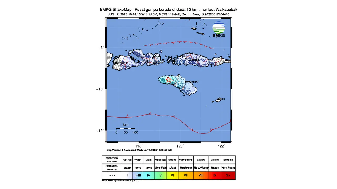 Gempa M 5,0 Guncang Timur Laut Waikabubak, Nusa Tenggara Timur