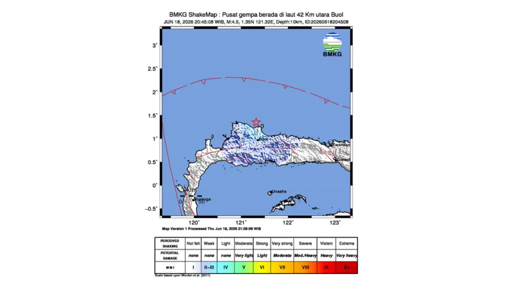 Gempa M 4,5 Guncang Utara Buol, Sulawesi Tengah