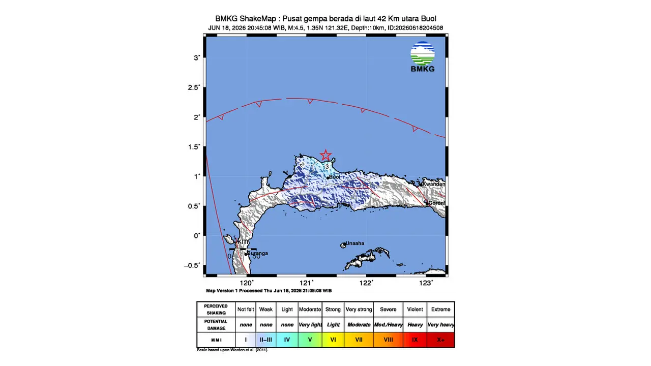 Gempa M 4,5 Guncang Utara Buol, Sulawesi Tengah