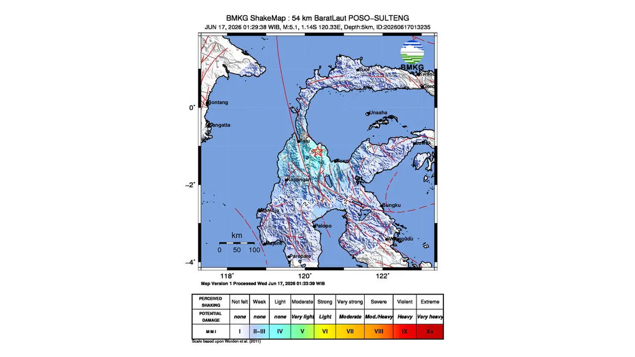 Gempa M 5,1 Guncang Barat Laut Poso, Sulawesi Tengah
