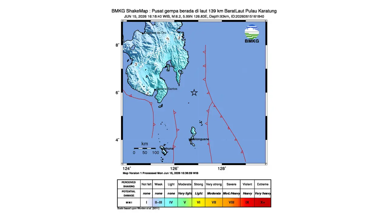 Gempa M 6,2 Guncang BaratLaut Pulau Karatung, Sulawesi Utara
