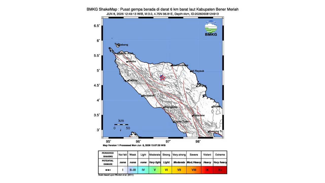Gempa M 3,0 Guncang Barat Laut Bener Meriah, Aceh