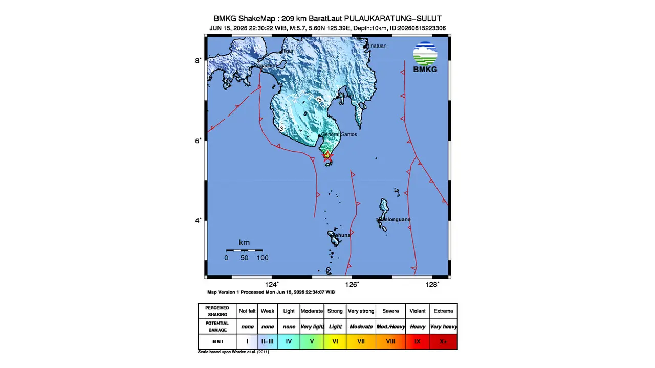 Gempa M 5,7 Guncang Barat Laut Pulau Karatung, Sulawesi Utara