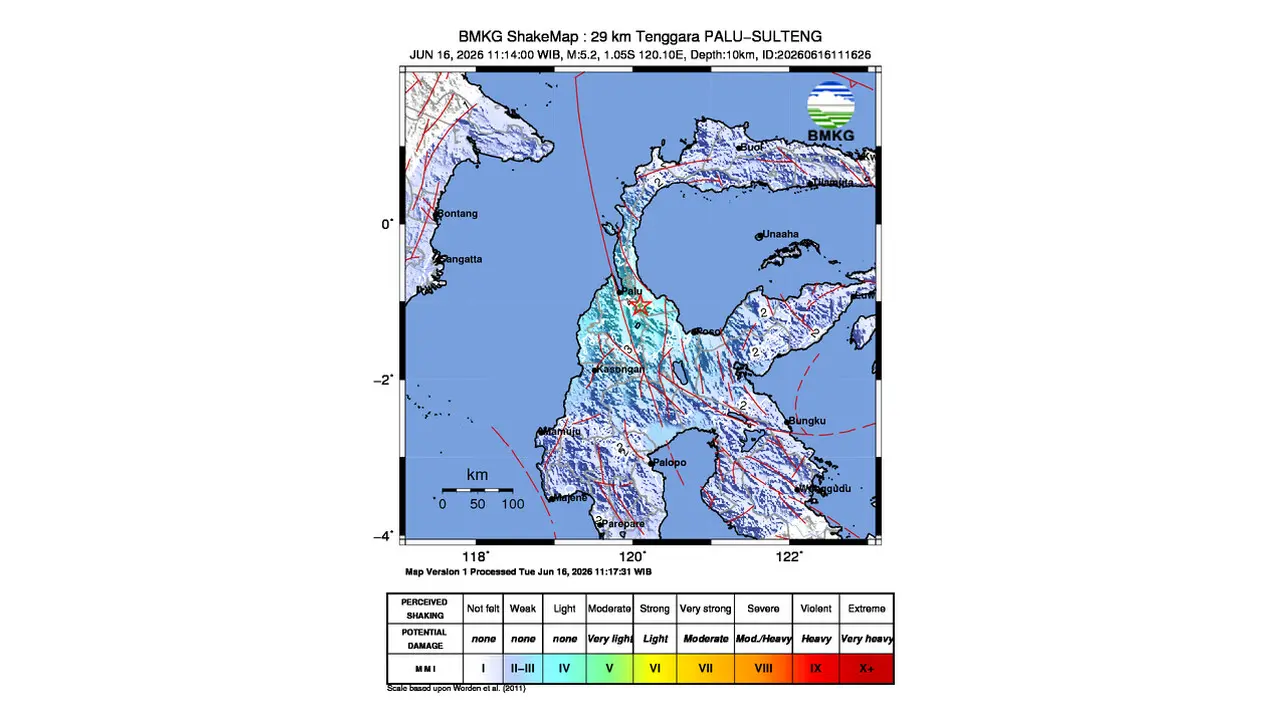 Gempa M 5,2 Guncang Tenggara Palu, Sulawesi Tengah