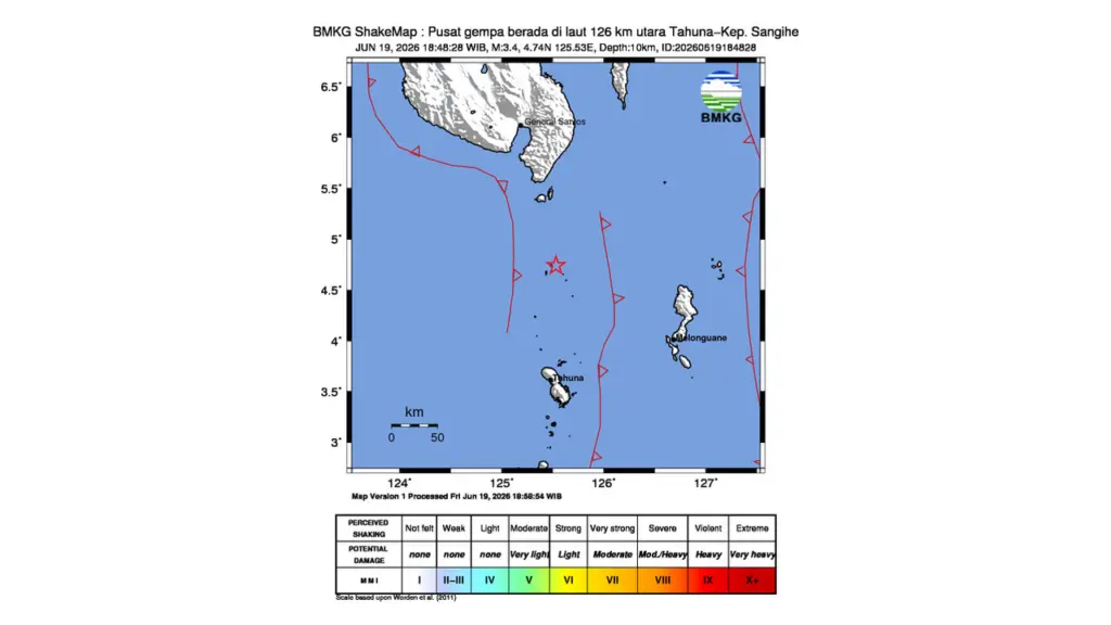 Gempa M 3,4 Guncang Laut Utara Tahuna, Sulawesi Utara