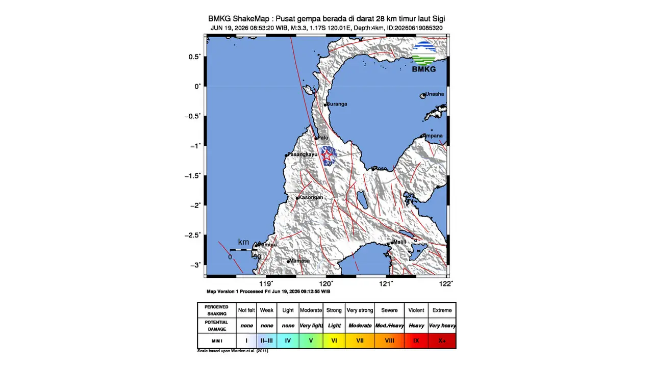 Gempa M 3,3 Guncang Timur Laut Sigi, Sulawesi Tengah