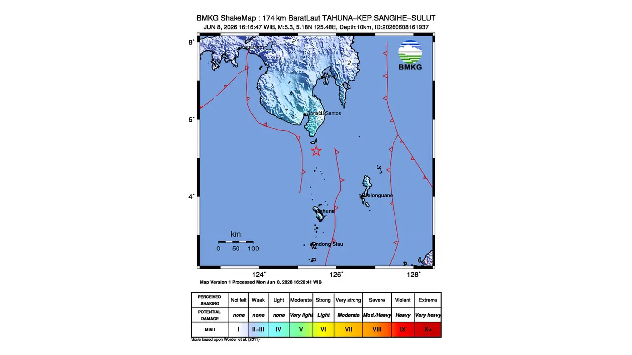Gempa M 5,3 Guncang Barat Laut Tahuna, Sulawesi Utara