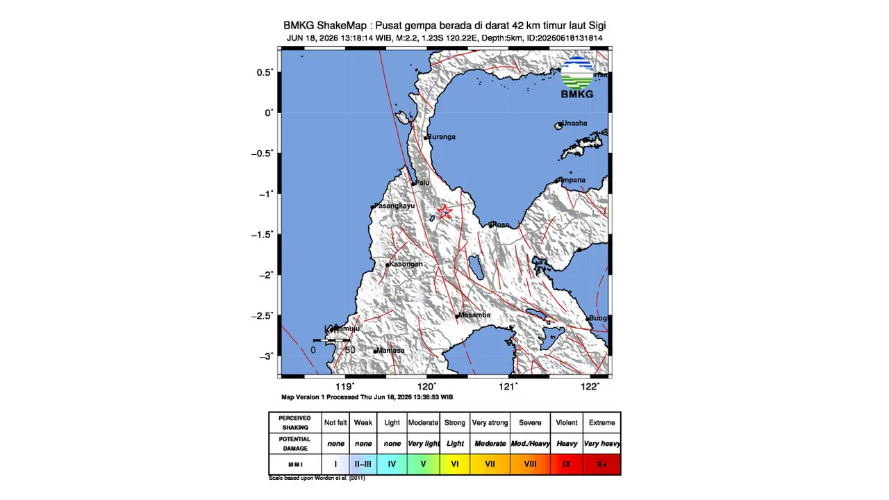 Gempa M 2,2 Guncang Timur Laut Sigi, Sulawesi Tengah