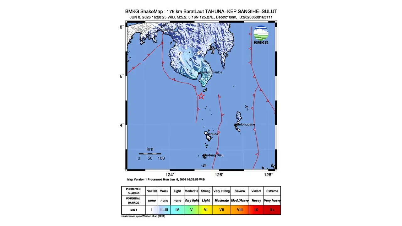 Gempa M 5,2 Guncang Barat Laut Tahuna, Kepulauan Sangihe, Sulawesi Utara