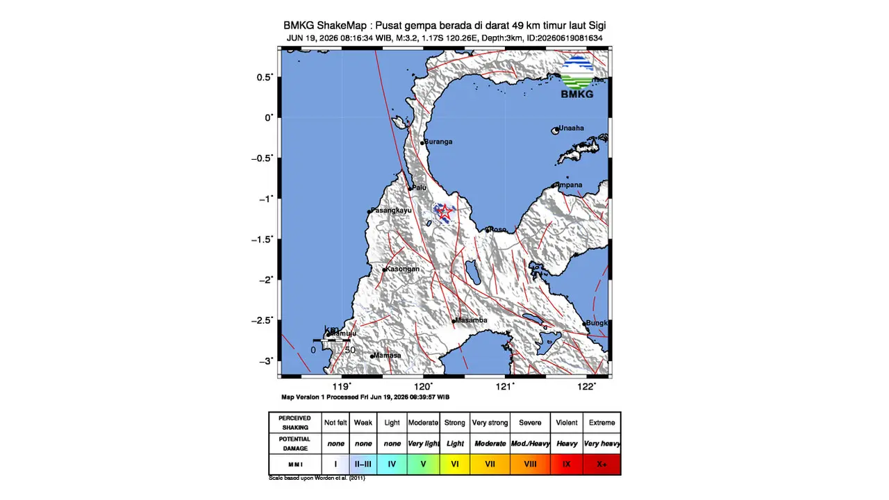 Gempa M 3,2 Guncang Timur Laut Sigi, Sulawesi Tengah