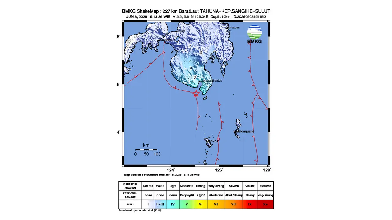 Gempa M 5,2 Guncang Barat Laut Kepulauan Sangihe, Sulawesi Utara