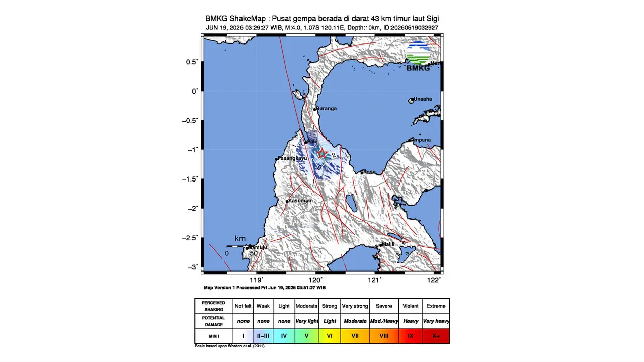 Gempa M 4,0 Guncang Timur Laut Sigi, Sulawesi Tengah