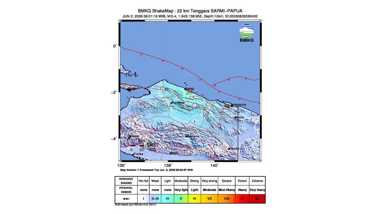 Gempa M 5,4 Guncang Tenggara Sarmi, Papua
