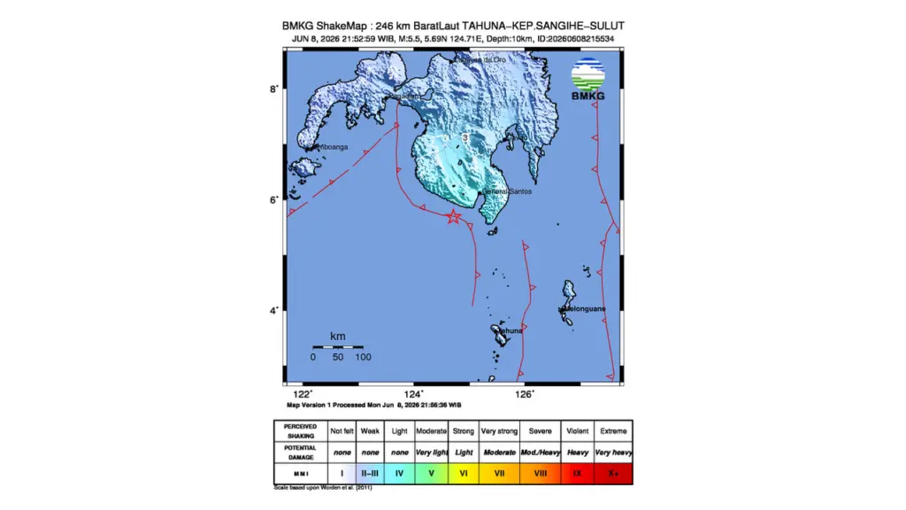 Gempa M 5,5 Guncang Barat Laut Tahuna, Sulawesi Utara