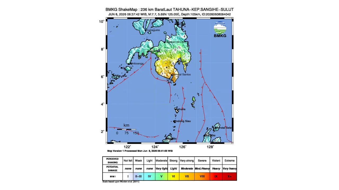 Gempa M 7,7 Guncang Barat Laut Tahuna, Sulawesi Utara
