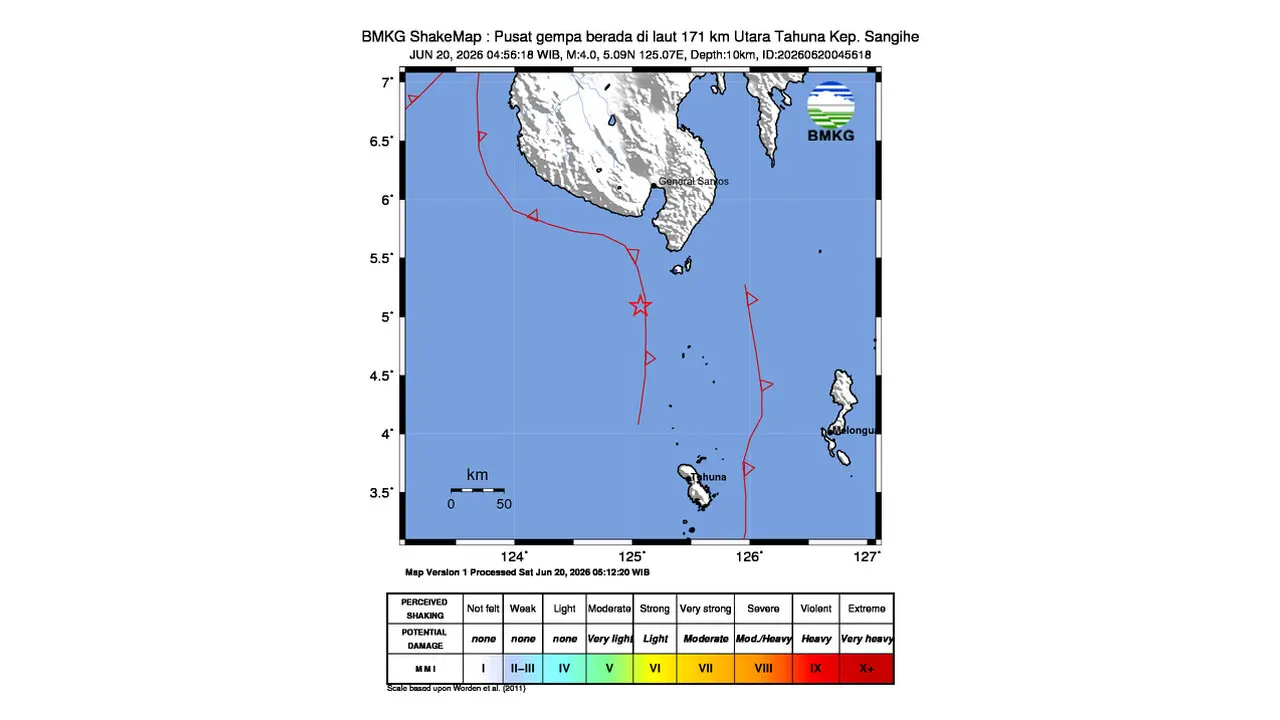 Gempa M 4,0 Guncang Utara Tahuna, Sulawesi Utara