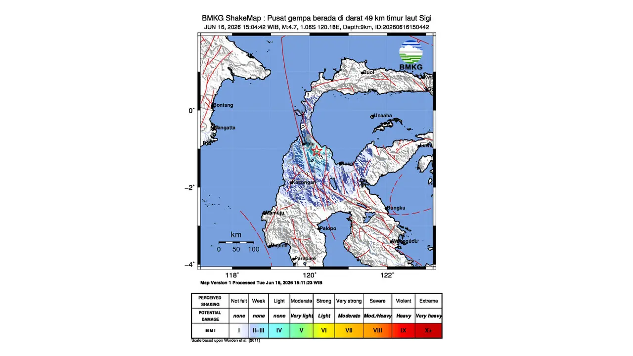 Gempa M 4,7 Guncang Timur Laut Sigi, Sulawesi Tengah
