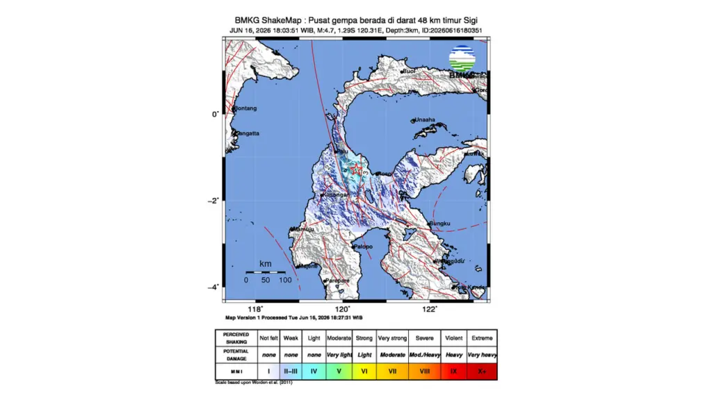 Gempa M 4,7 Guncang Timur Sigi, Sulawesi Tengah
