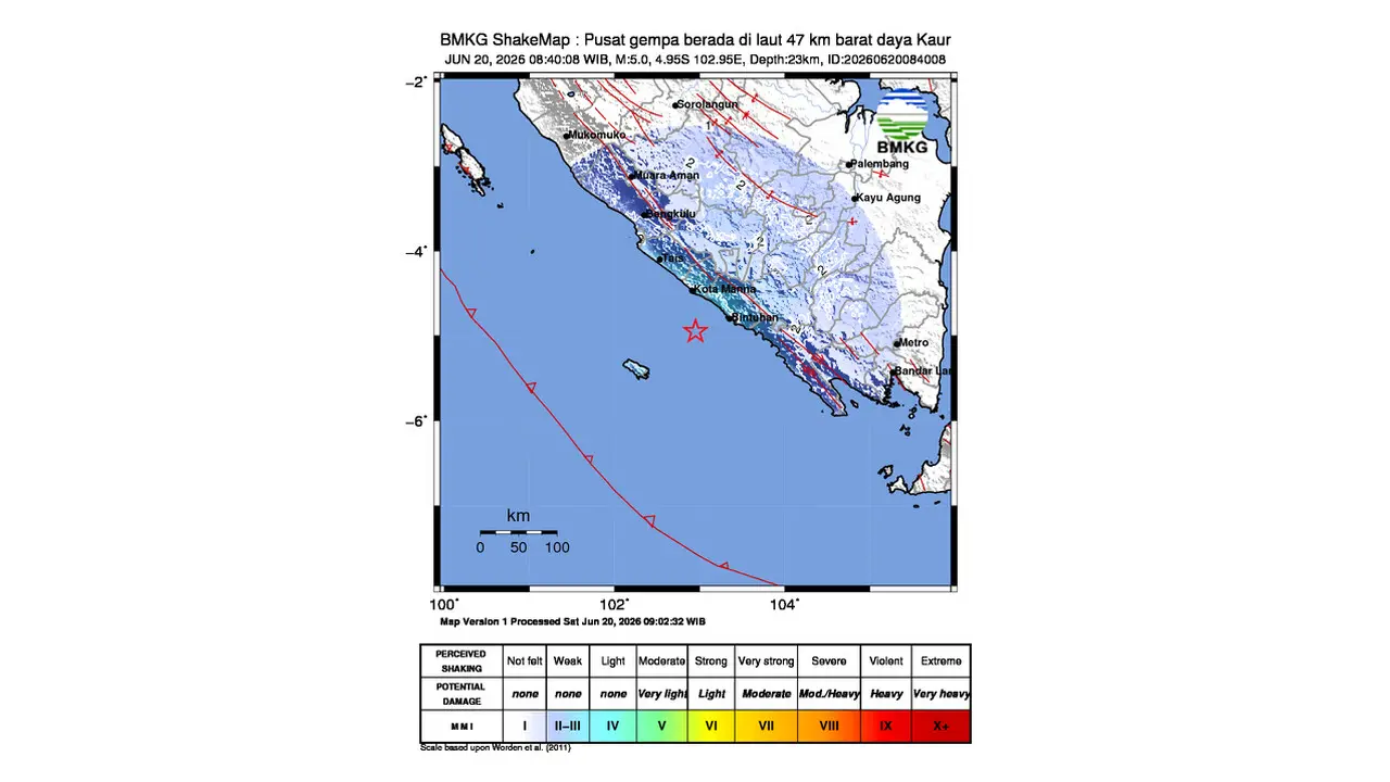 Gempa M 5,0 Guncang Barat Daya Kaur, Bengkulu