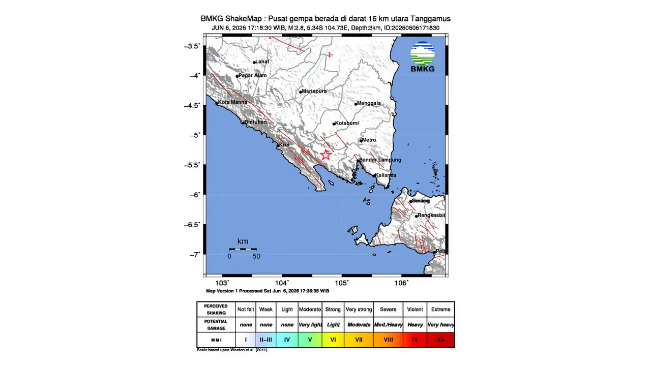 Gempa M 2,8 Guncang Utara Tanggamus, Lampung