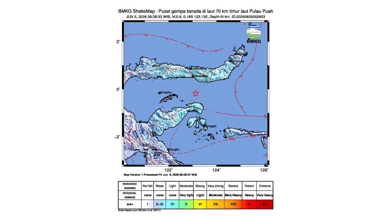 Gempa M 5,6 Guncang Laut Timur Laut Pulau Puah, Gorontalo