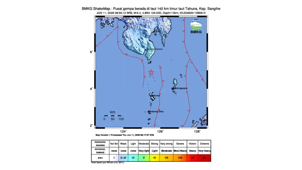 Gempa M 5,4 Guncang Timur Laut Tahuna, Kep. Sangihe, Sulawesi Utara