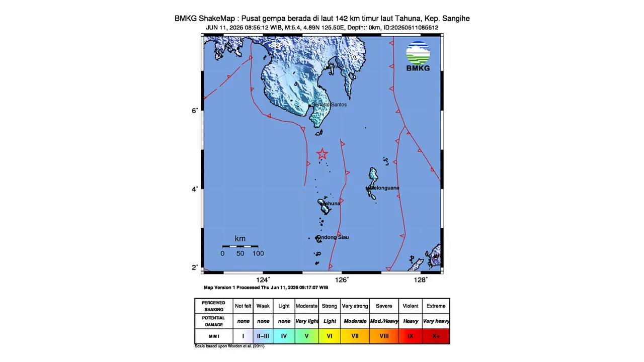 Gempa M 5,4 Guncang Timur Laut Tahuna, Kep. Sangihe, Sulawesi Utara