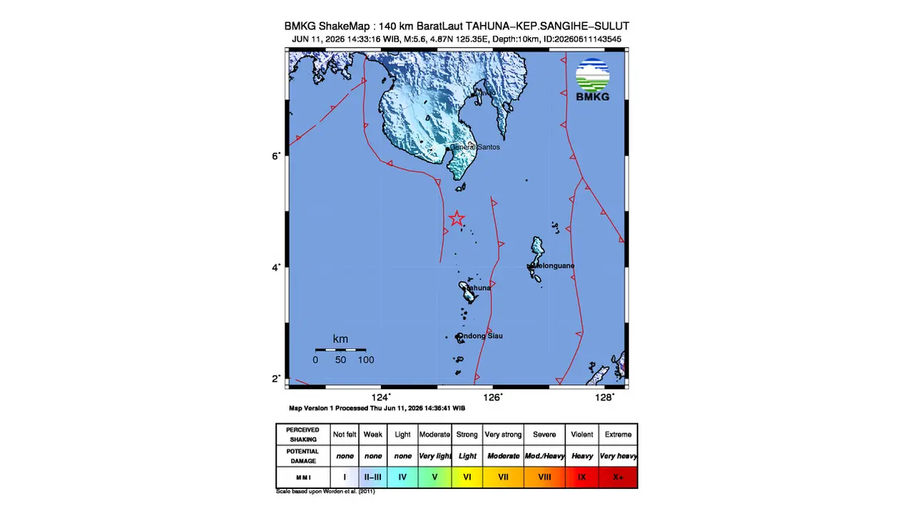 Gempa M 5,6 Guncang Barat Laut Tahuna, Sulawesi Utara