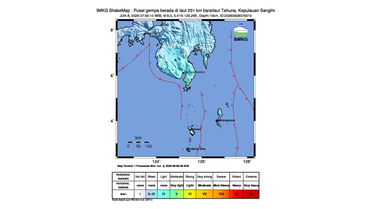 Gempa M 6,0 Guncang Baratlaut Kepulauan Sangihe, Sulawesi Utara