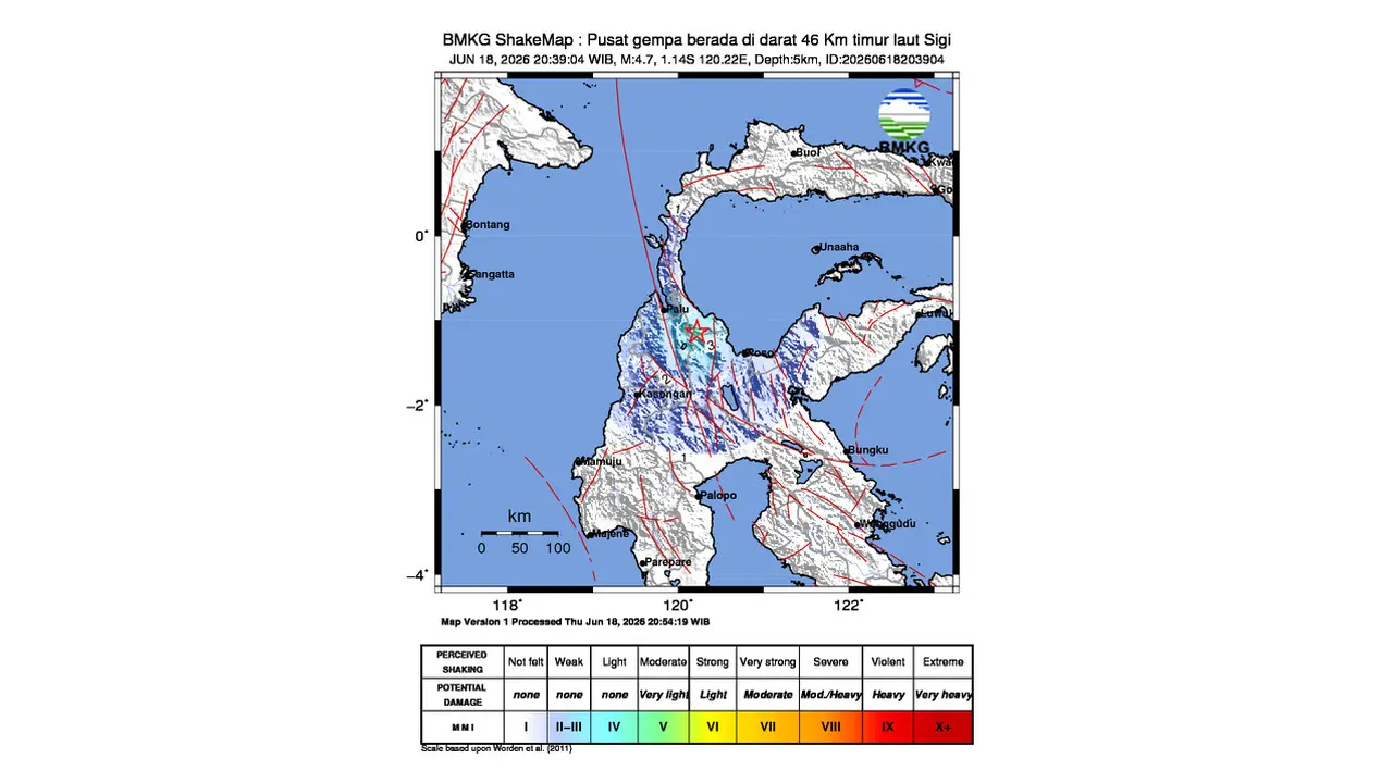 Gempa M 4,7 Guncang Timur Laut Sigi, Sulawesi Tengah